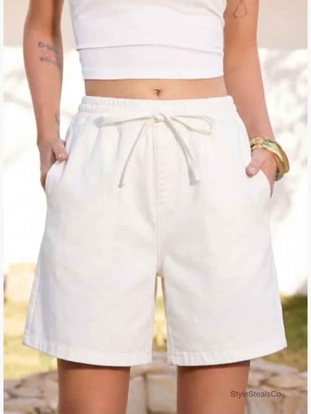 High Waisted Jean Shorts Stretchy Drawstring Elastic Waist Baggy Denim Shorts